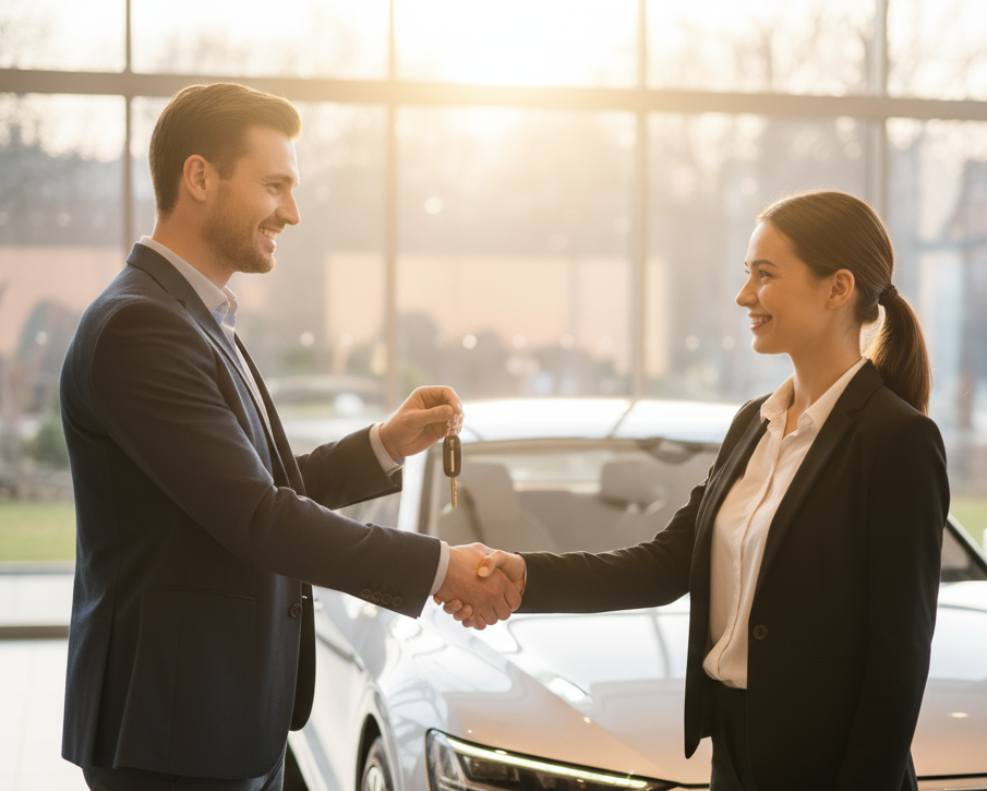 Deux personnes (homme et femme, ou vendeur et acheteur) se tiennent près d’une voiture propre et moderne (ex. Audi, BMW, Tesla, Volkswagen — neutre, haut de gamme sans être inaccessible).
Ils se serrent la main ou échangent les clés avec un sourire confiant.
Le fond est lumineux, légèrement flou, laissant la voiture au second plan.